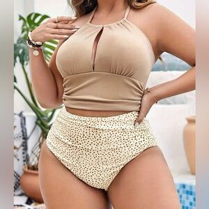 Plus Size Halter Keyhole Detail High Waisted Ruched Bikini Set